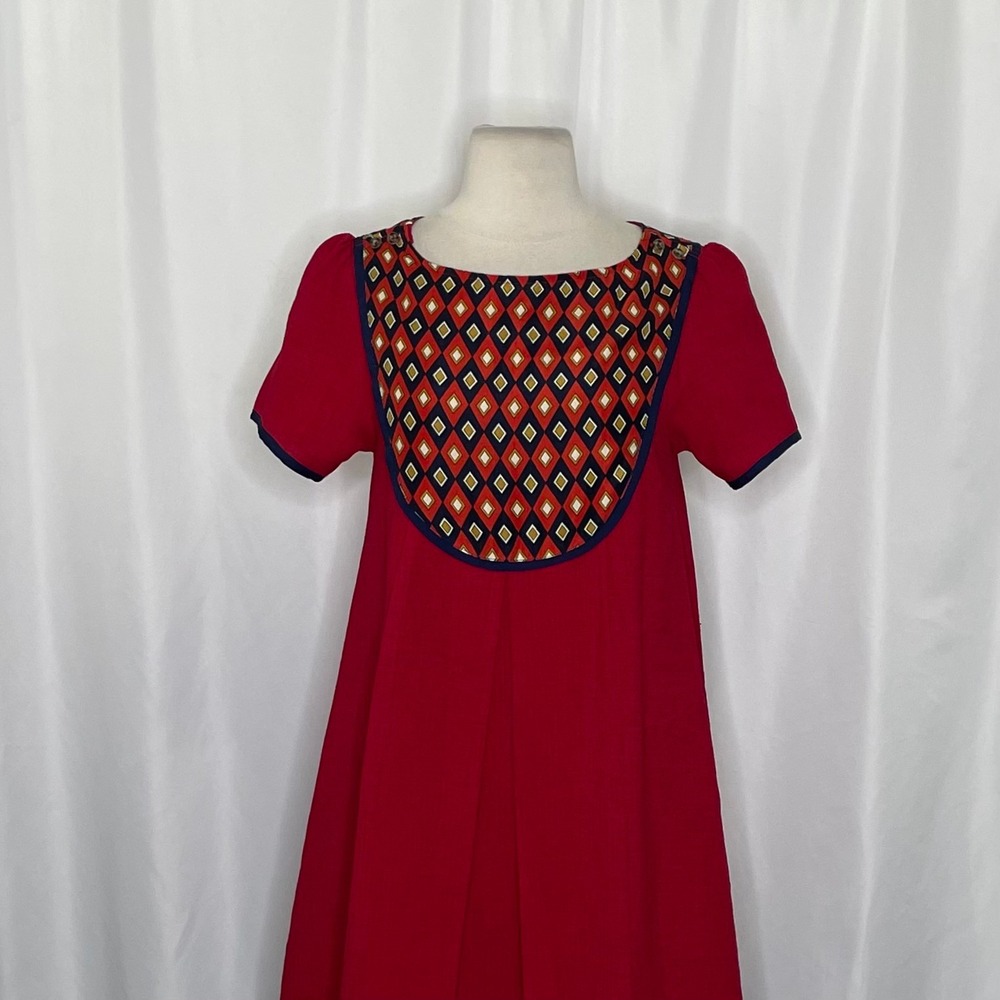 DEAR CREATURES Red Diana Dress Retro 60's A-Line Shift Geometric Diamond X-Small - Picture 4 of 12